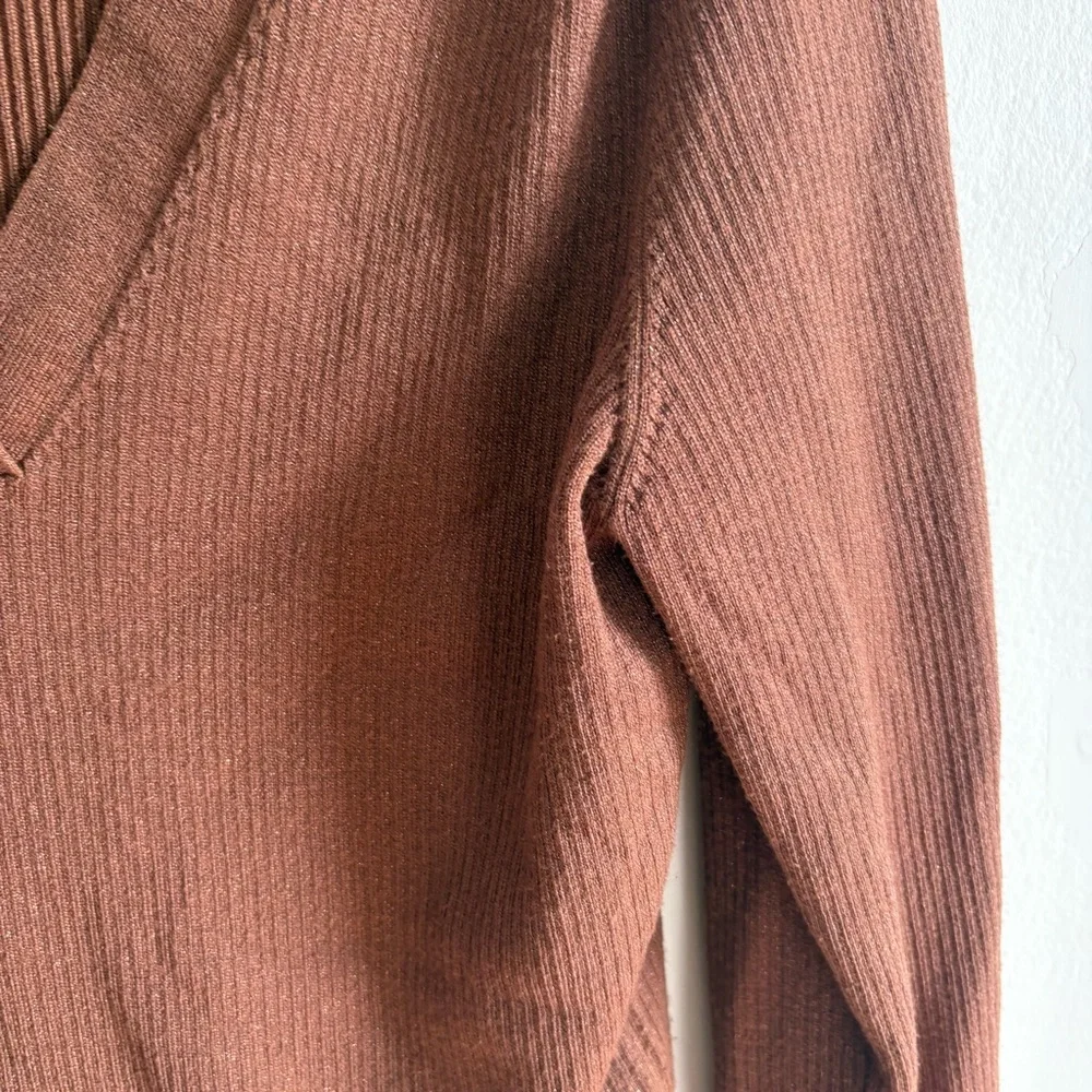 Anthropologie Maeve Sz XL Thea Brown Gold Metallic V Neck Sweater - Picture 7 of 11
